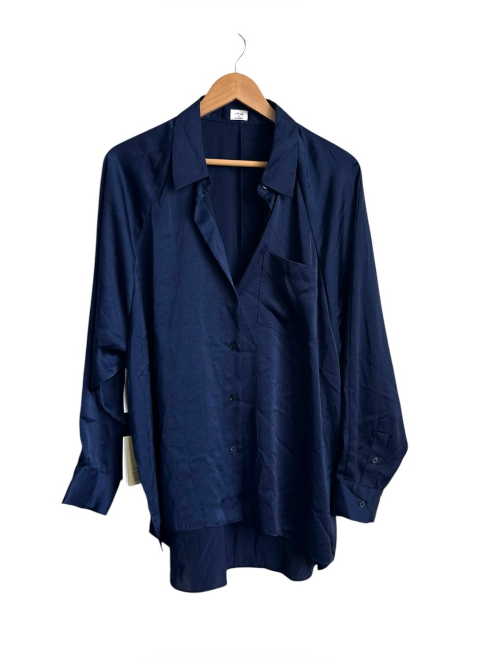 Wilfred by Aritzia Satin Button Down Blouse Navy Blue Women's Medium NWT